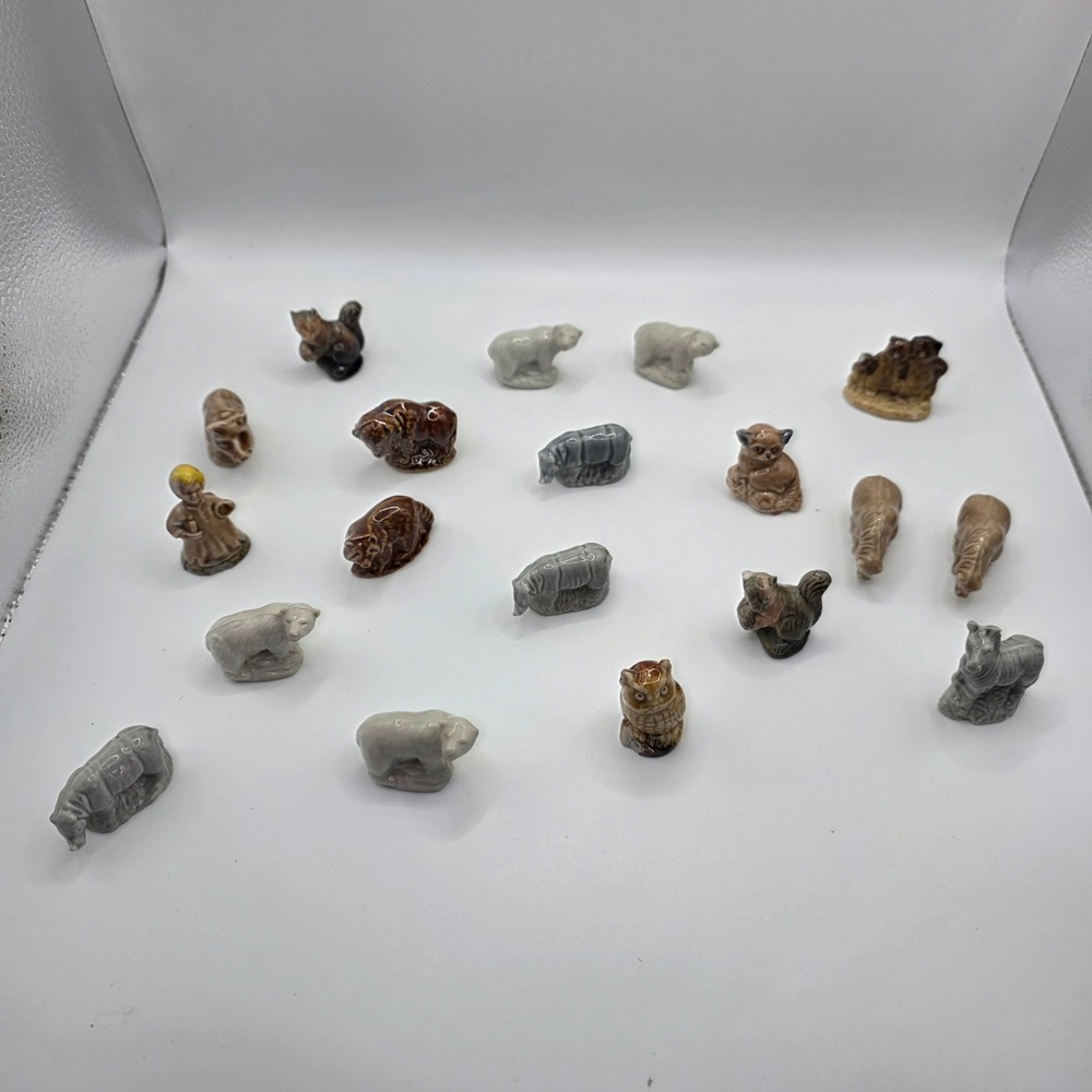 Lot of 19 Miniature Ceramic Animal Figurines Bears Hippo Owl Elephant Zebra Vint
